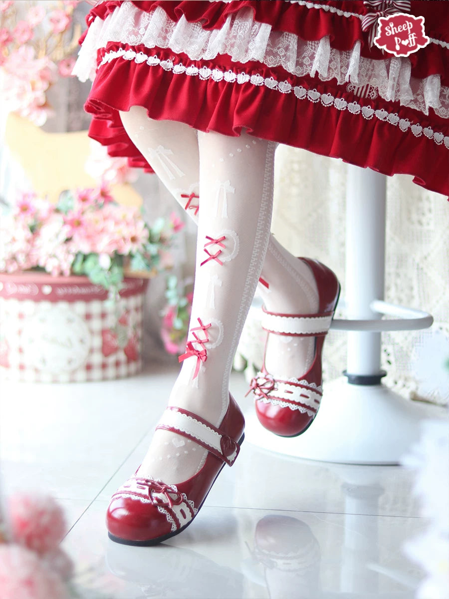 Sheep Puff Classic Heart Bow Lolita shoes with low heel and cute design, featuring a charming heart bow on the front.