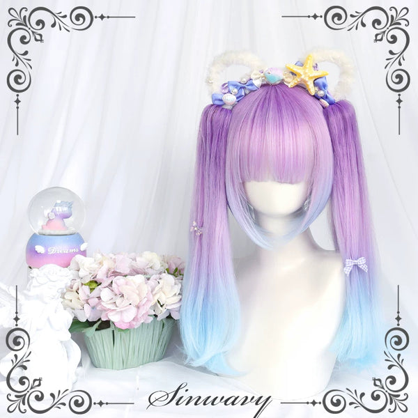 Blue-purple gradient bob hairpiece with twin ponytails - view 1