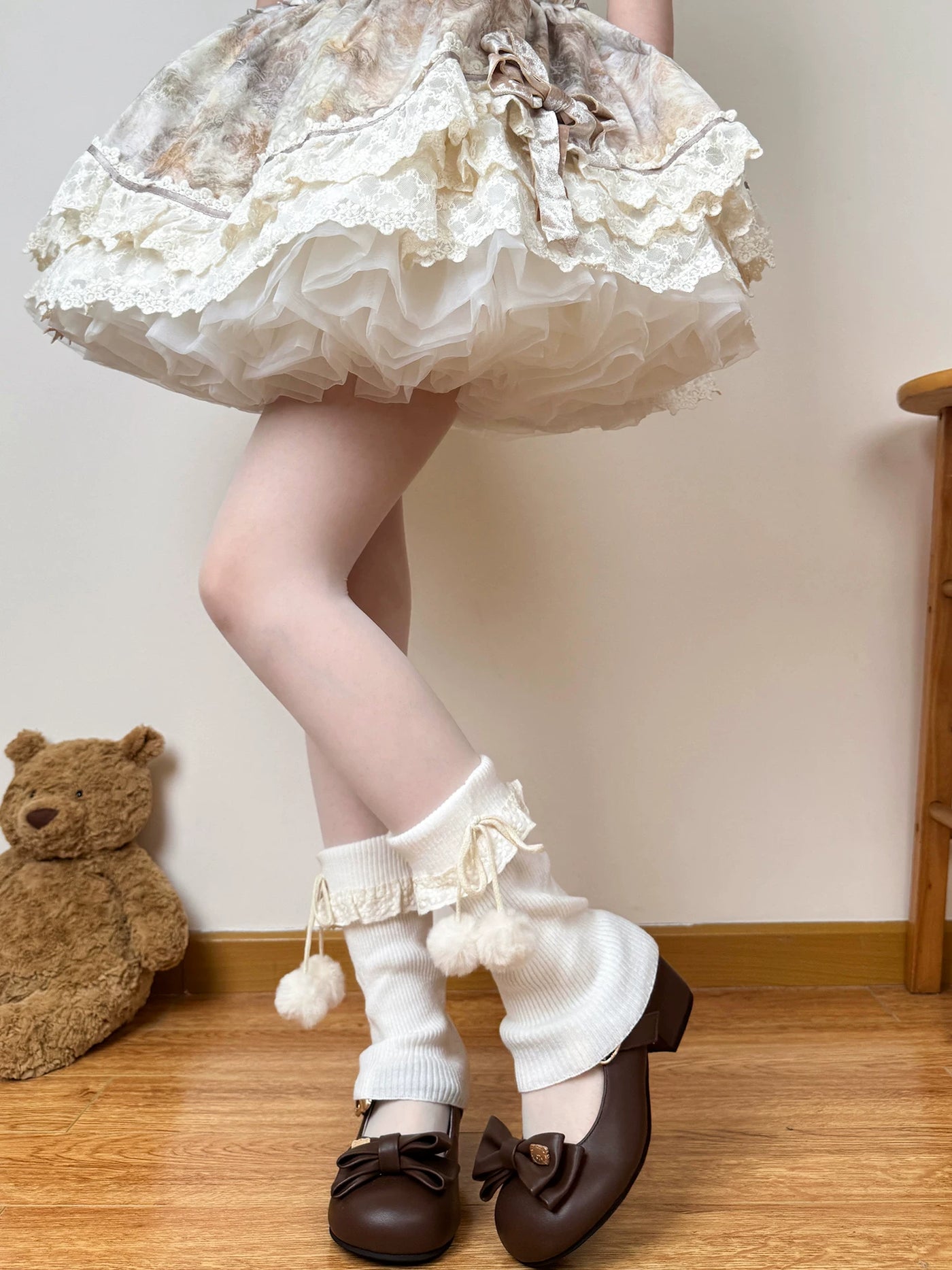Chubby Bear Tales - Pom-Pom Bow - Knit Slouch Sock Covers with Lace Trim