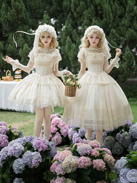 With PUJI - Confession Poem - Classic Lolita Corset JSK Set, Lace & Bows - 月色交响 米色颈饰(均码,拍M) 现货 / M