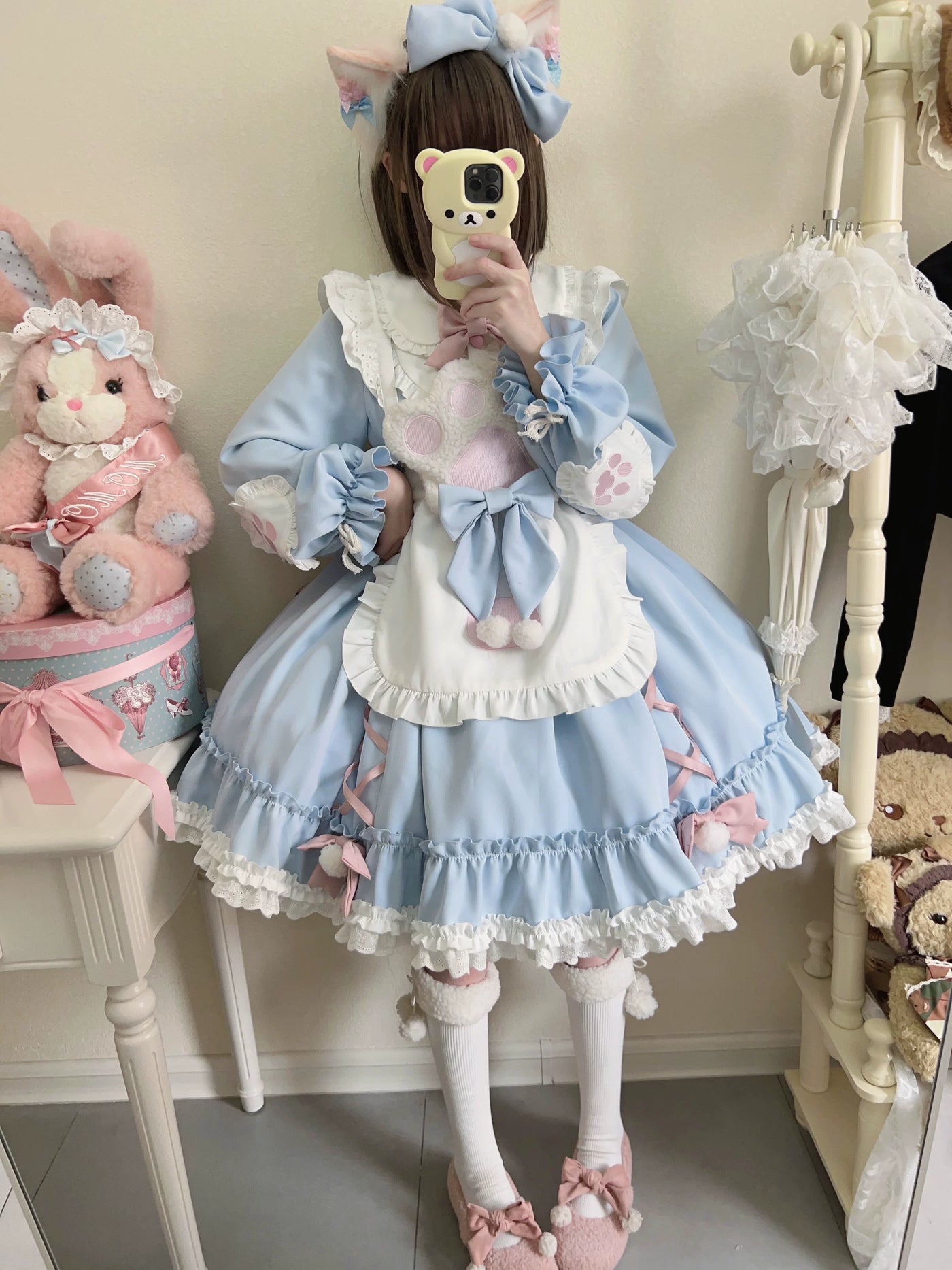 Tata Long Ear - Meow Meow - Blue OP Dress with a Ruffled Apron