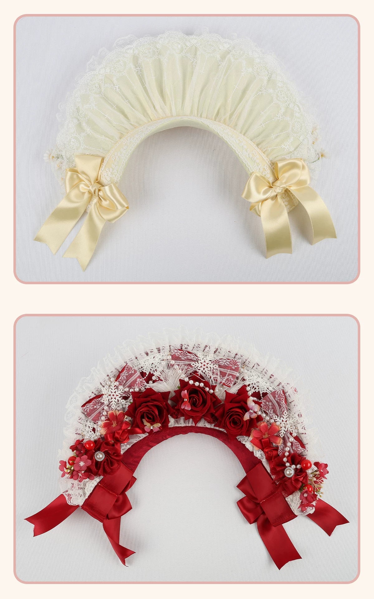 Stardust Rose - Autumn-Winter Dream - Lace-Trimmed Flat Hat with Ribbon Bows