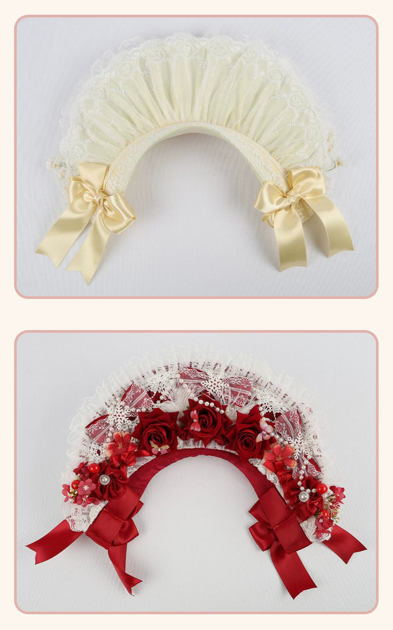 Stardust Rose - Autumn-Winter Dream - Lace-Trimmed Flat Hat with Ribbon Bows
