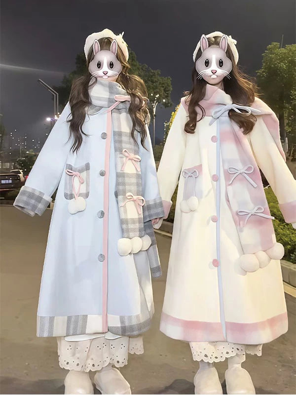 White-blue and white-pink long coat sets with matching plaid scarves.
