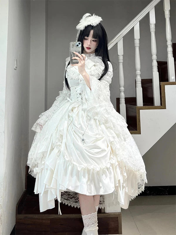 White gothic lolita dress set with blouse, waist-corset dress, and lift-up skirt