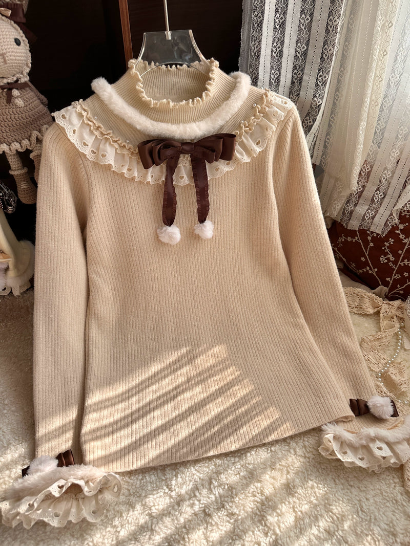 Deer Mansion Fleece-Lined Long-Sleeve Lolita Layering Top — Milk Tea Beige