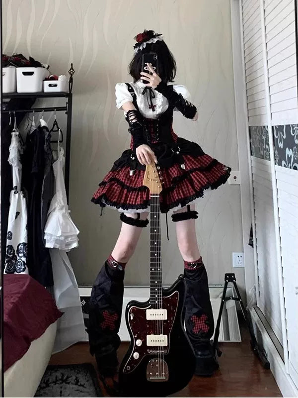 Creamy - Rock Idol Set - Black-and-red Lolita set with plaid skirt and leg covers