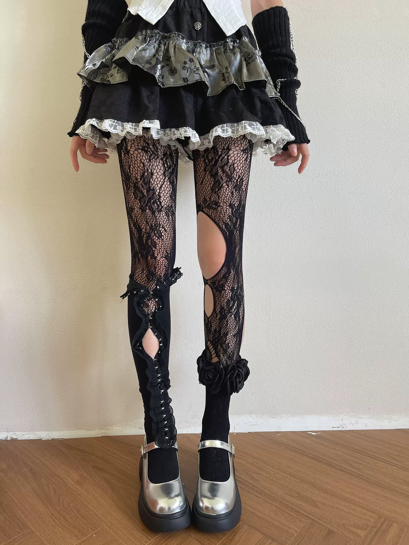 Sock Noble - Camellia Noir - Black socks with lace openwork and buttoned details