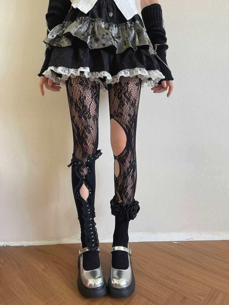 Sock Noble - Camellia Noir - Black socks with lace openwork and buttoned details