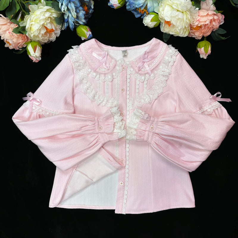 Summer Bud Pocket Cotton Peter Pan Collar Winter Blouse — 2.0 Pink with White Lace - Fleece-Lined
