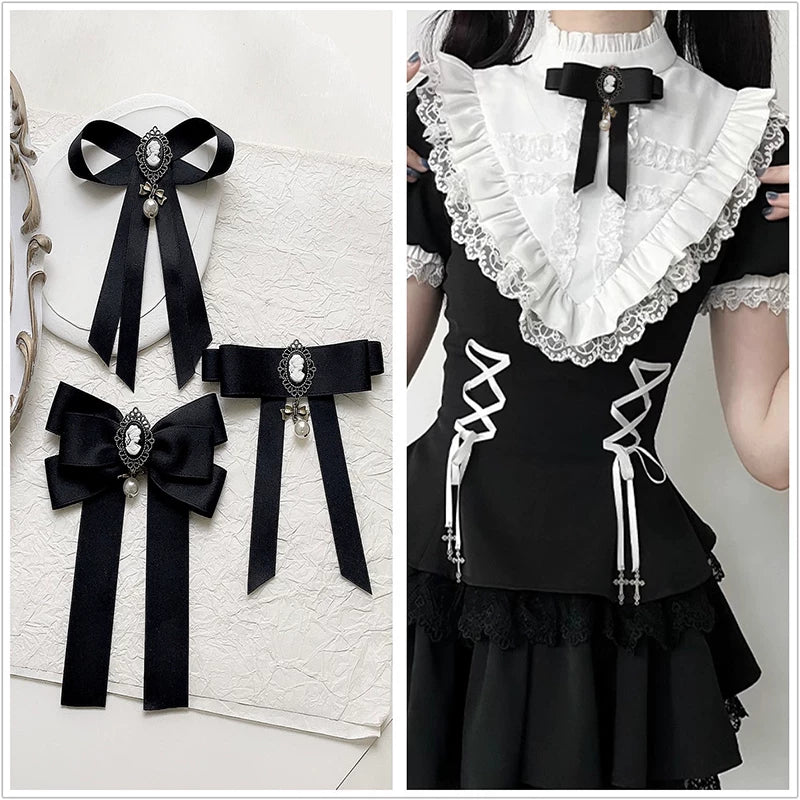 Independent Brand - Cameo Lace - Lace Bow Brooch with Long Ribbon Tails