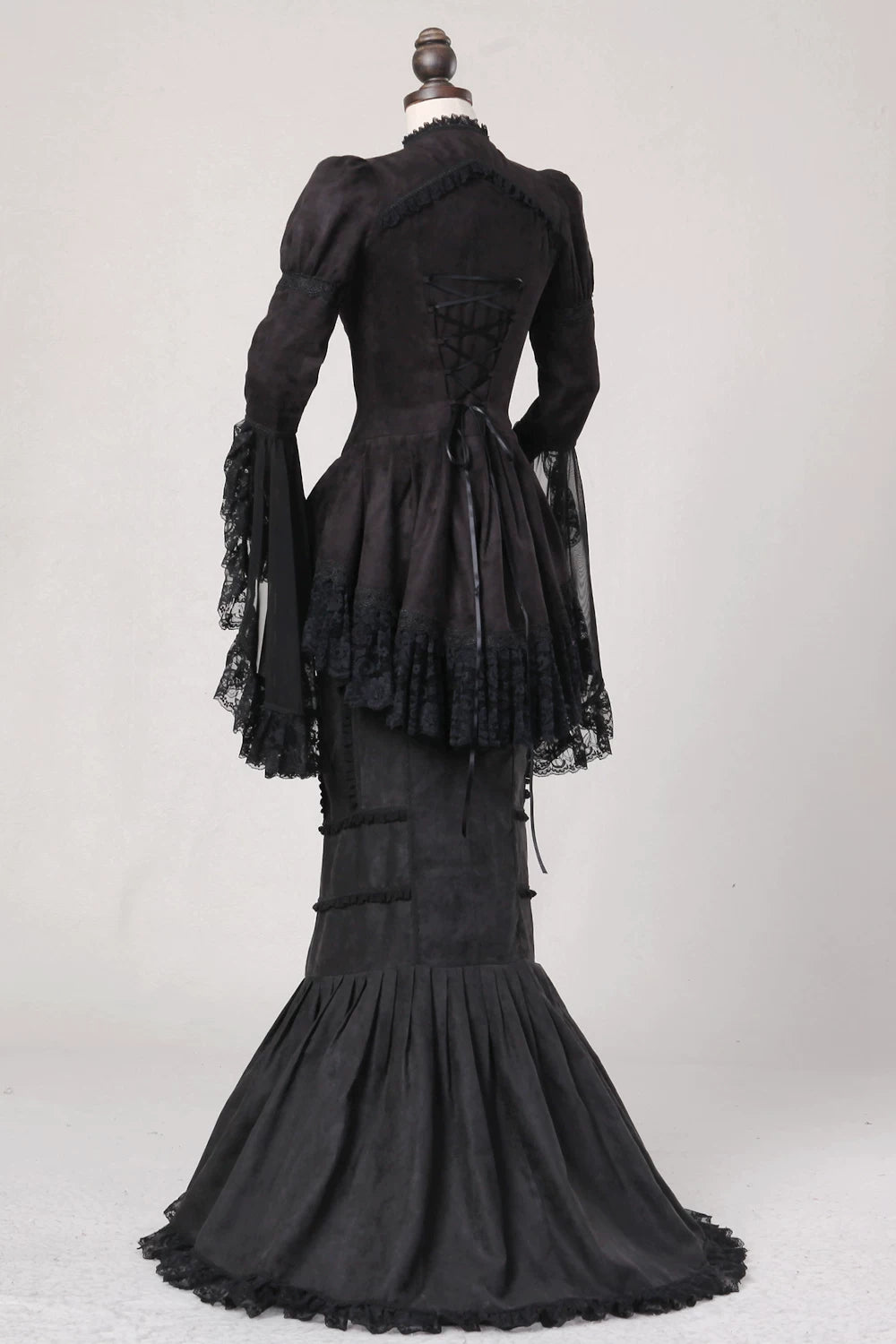 LACE GARDEN - Dark Lace - Black Mesh Outerwear and Mermaid Skirt Set with Lace Trim
