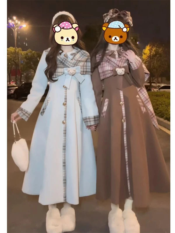Caramel brown and sky blue mid-length coats with plaid collars, cuffs and front trim