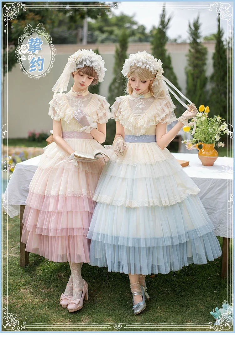 With PUJI - True Vow - Embroidered Classic Lolita Dress, Layered Gradient Hem detail view 6