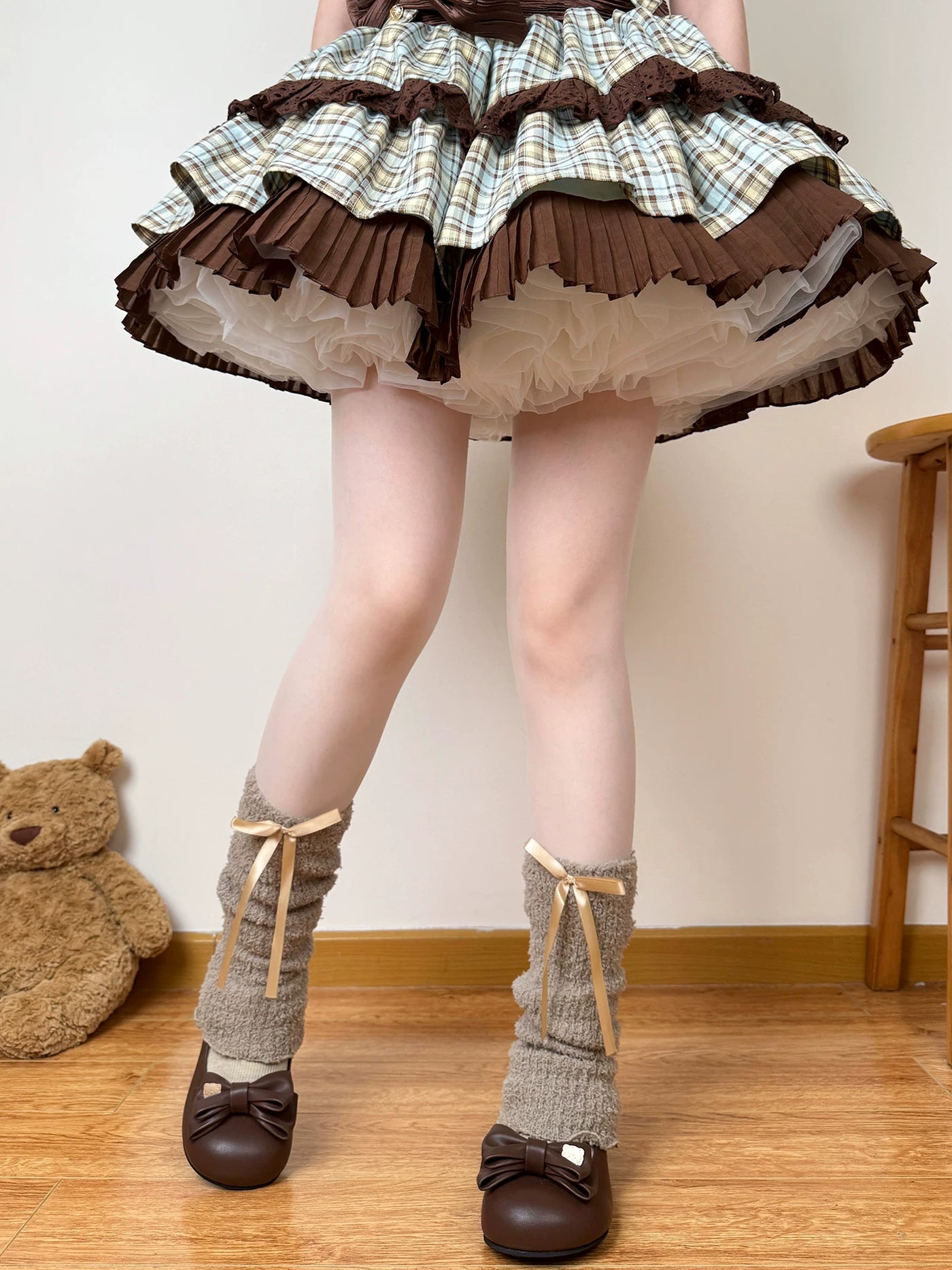 Chubby Bear Tales - Caramel Cocoa - Thick Scrunched Sock Covers with Ribbon Bows