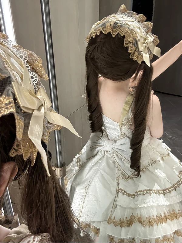 Creamy - Doll Princess - White JSK Suspender Dress with Ruffle Layers and Train