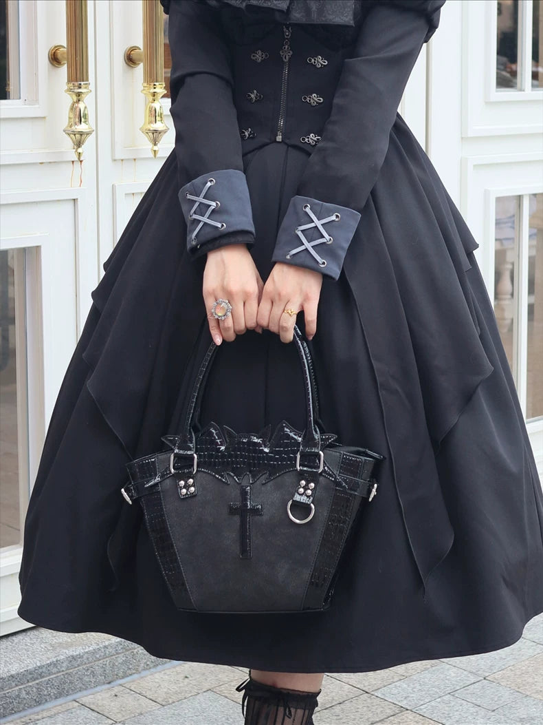 Vera s Mimosa - Gothic Bat Cross Tote - Medium structured gothic lolita tote