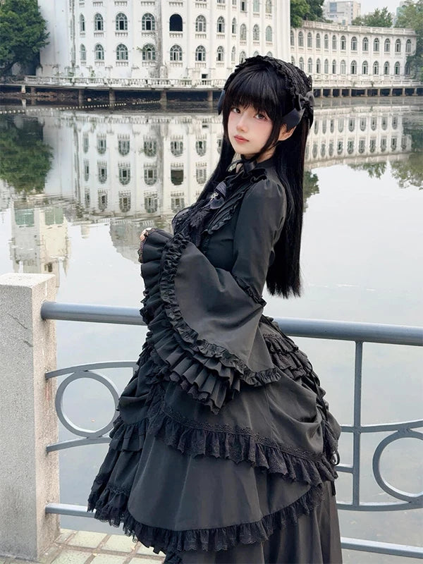 Creamy - Dark Gothic - Blouse and Skirt Set with Ruffled Sleeves and Bow Tie