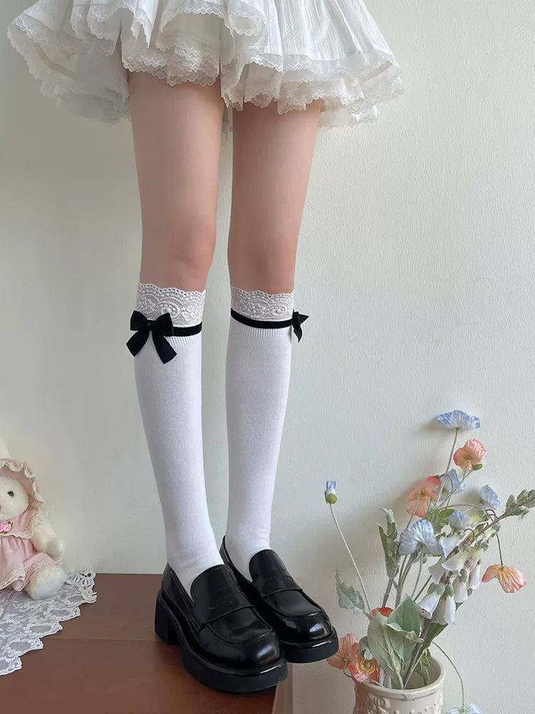 Sock Noble - Lace Bow - Cotton Mid-Calf Slouch Socks with Lace Cuffs