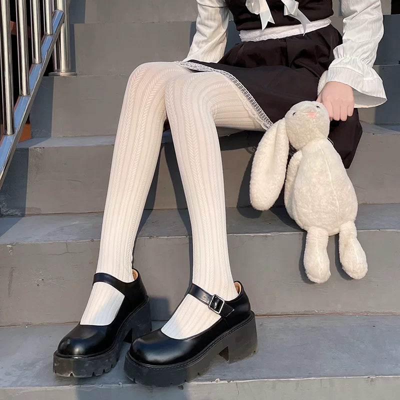 Floral Milk Cat - Milky Cable Motif - 140D velvet tights with a textured knit pattern