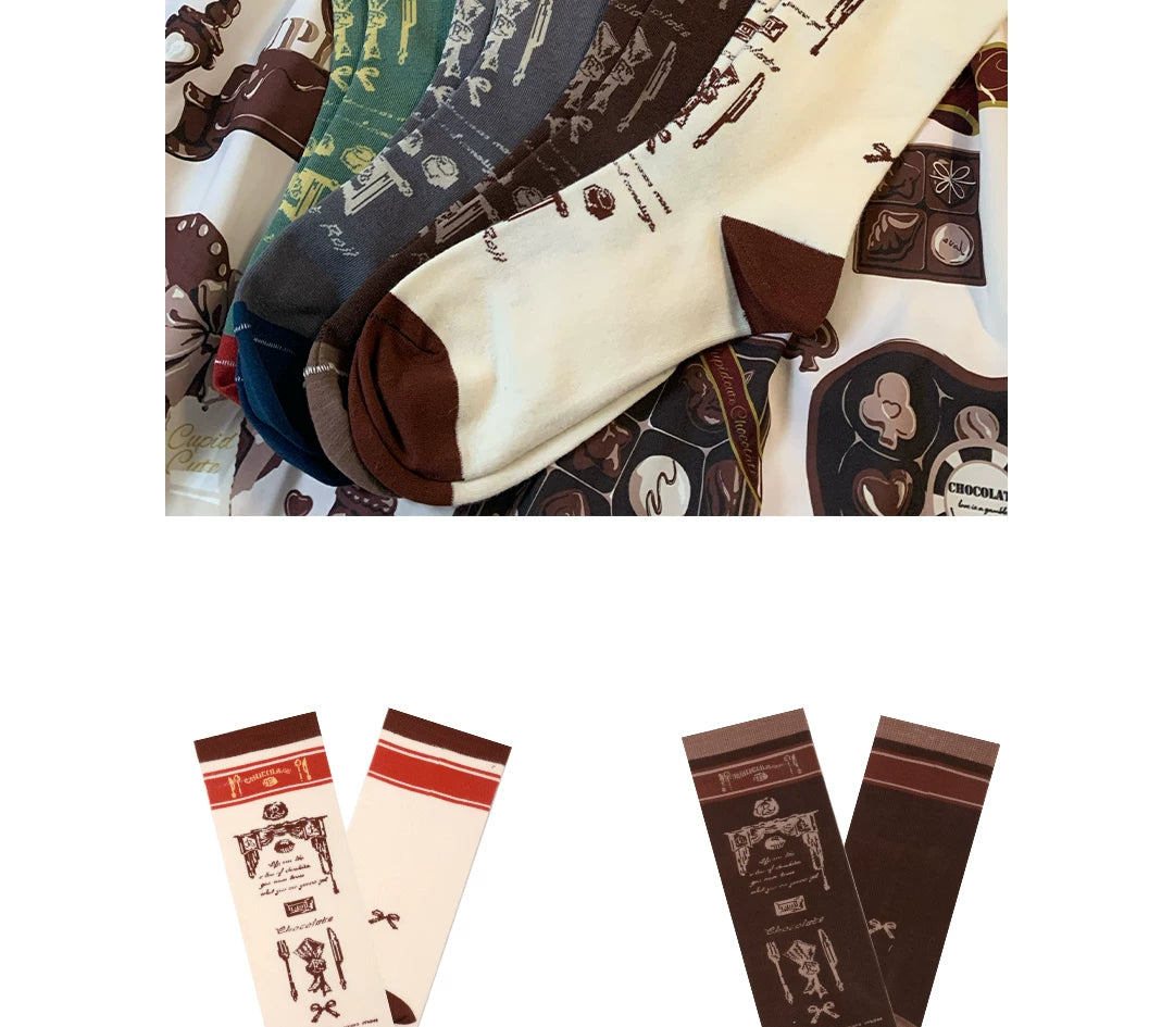 Composite display of chocolate-themed mid-calf socks in cocoa, gray, brown and green colourways.
