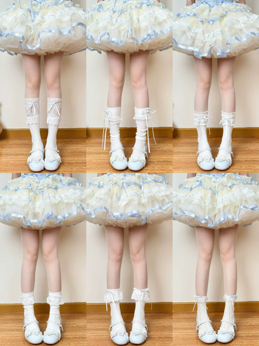 Blue-and-white Lolita sock styles with lace, bows, ribbons and layered details