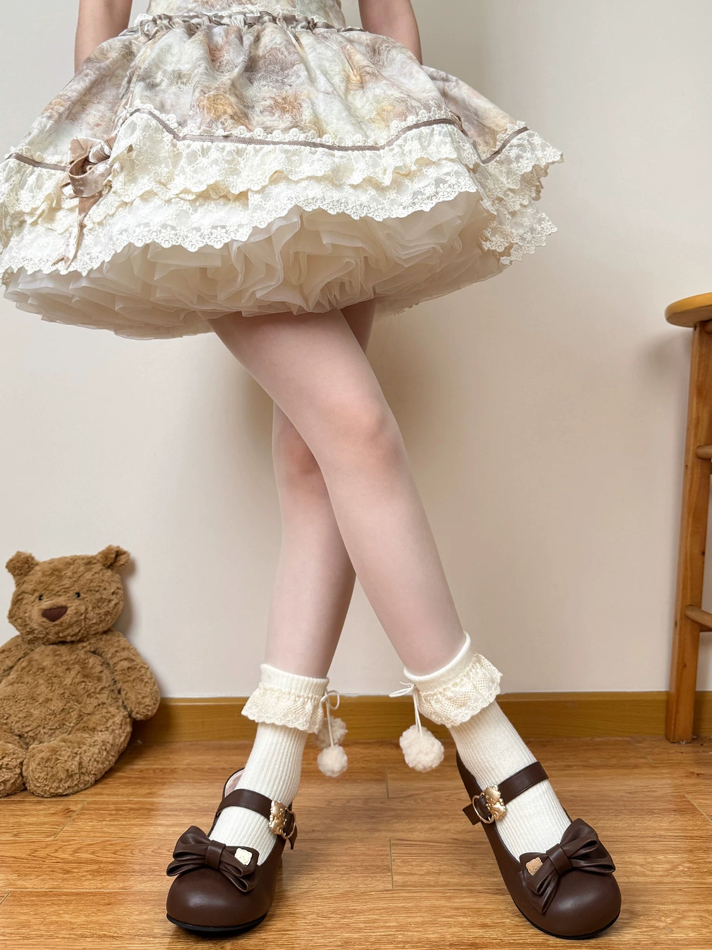 Chubby Bear Tales - Antique Doll Socks - Ribbed Mid-Calf Socks with Folded Lace Edges