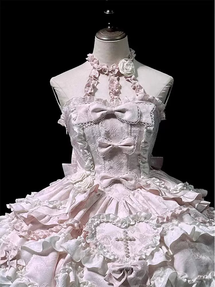 Creamy - Pink Gothic Rose Bow - JSK Dress with a Halter Neck