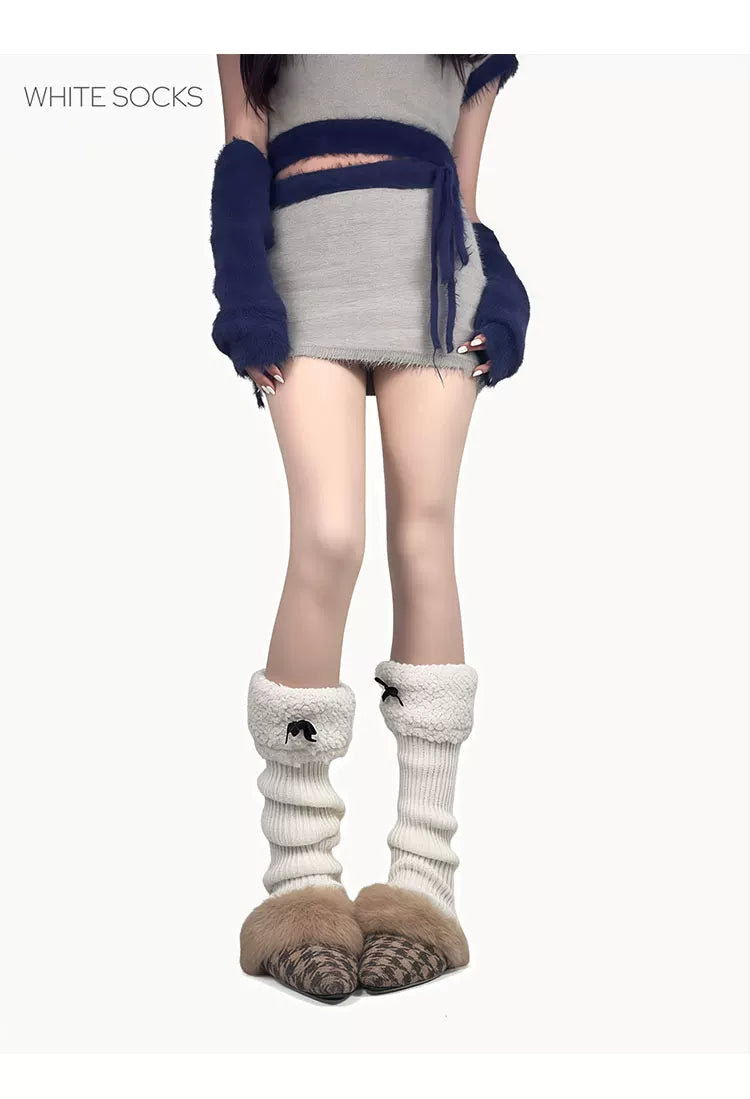 White Socks - Fleece Bow - Stirrup Knit Leg Warmers with Fleece Cuffs