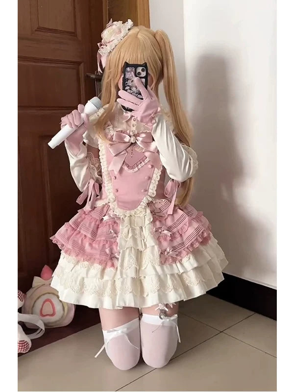 Creamy - Pink Sweet - Lolita Bustier Blouse-and-Skirt Set with Bow Detail