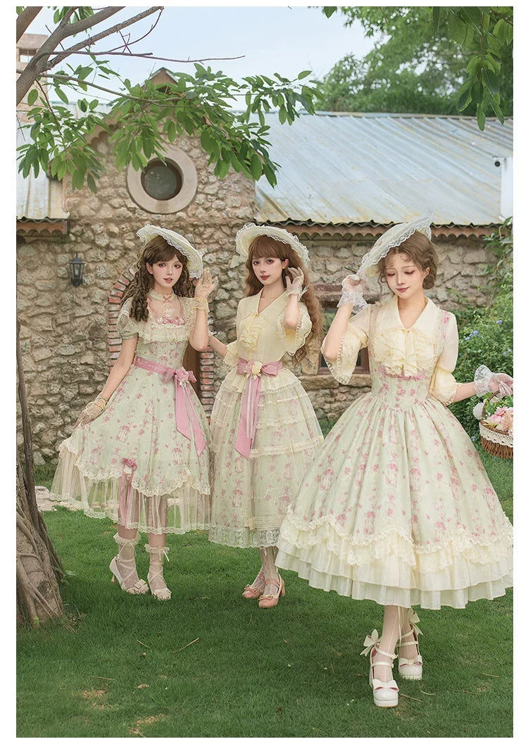 With PUJI - Wind Swept Roses - Classic Lolita Rose Printed Dress Set, Petal Hem