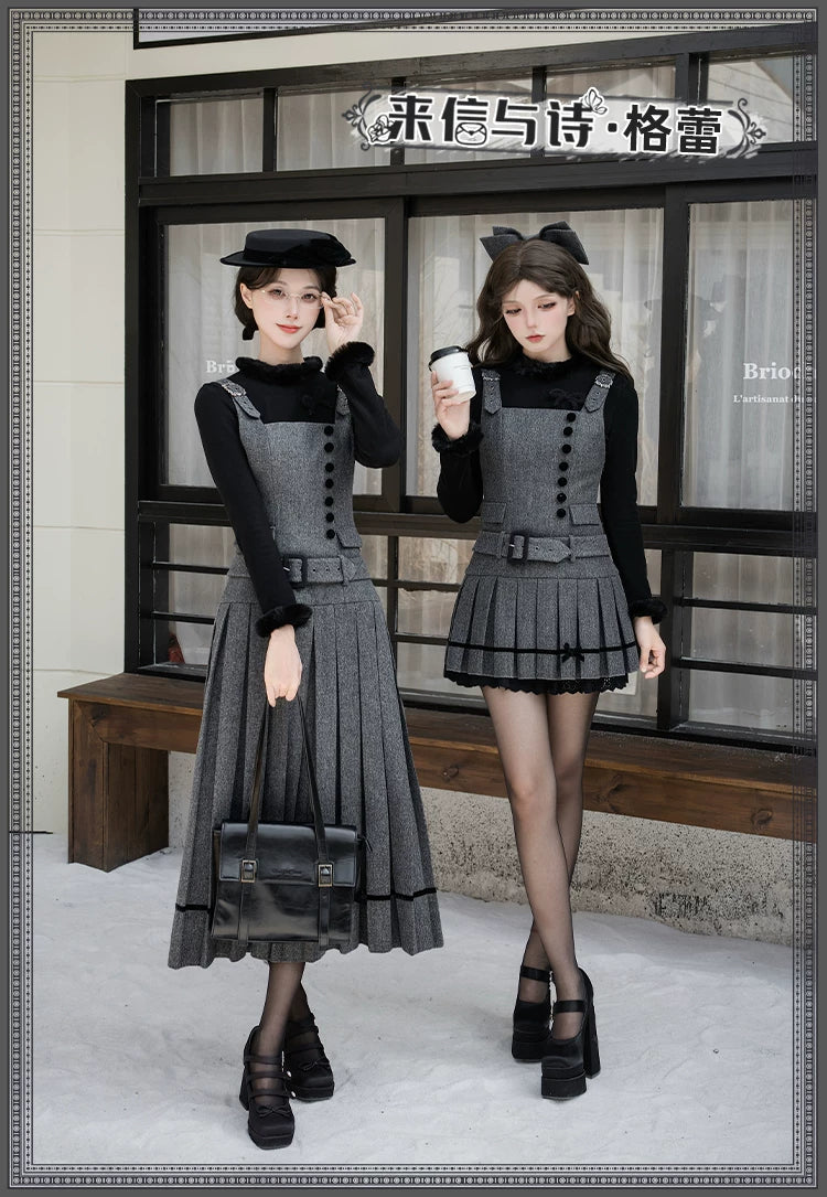 With PUJI - Grey - Classic Lolita Outfit Set, Adjustable Straps detail view 6