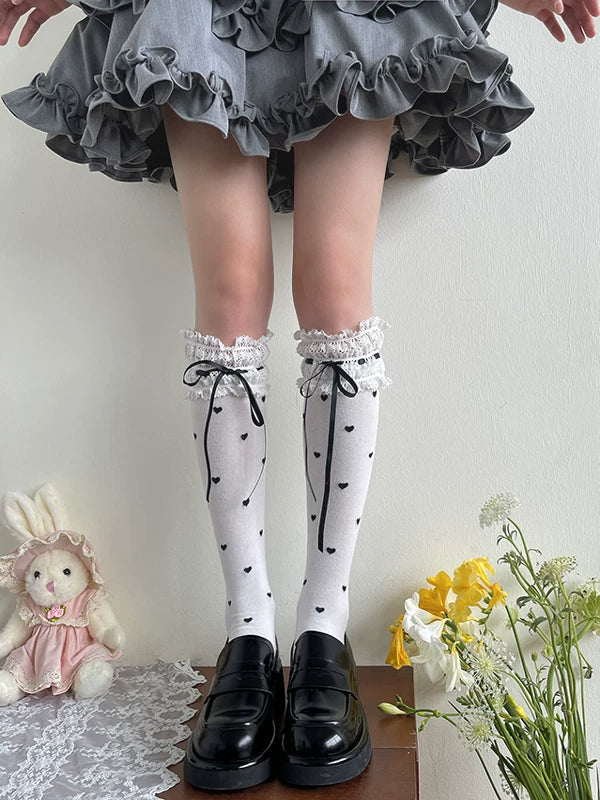 Sock Noble - Heart Ribbon Lace - White Mid-Calf Socks with Velvet Ribbon Ties