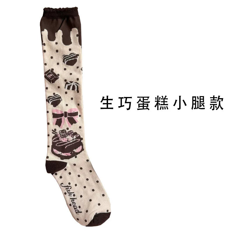 Thin chocolate cake calf-length Lolita socks with polka dot and chocolate bar prints