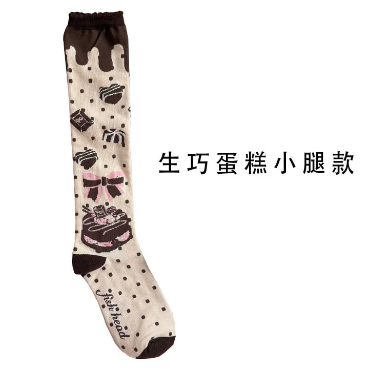 Thin chocolate cake calf-length Lolita socks with polka dot and chocolate bar prints
