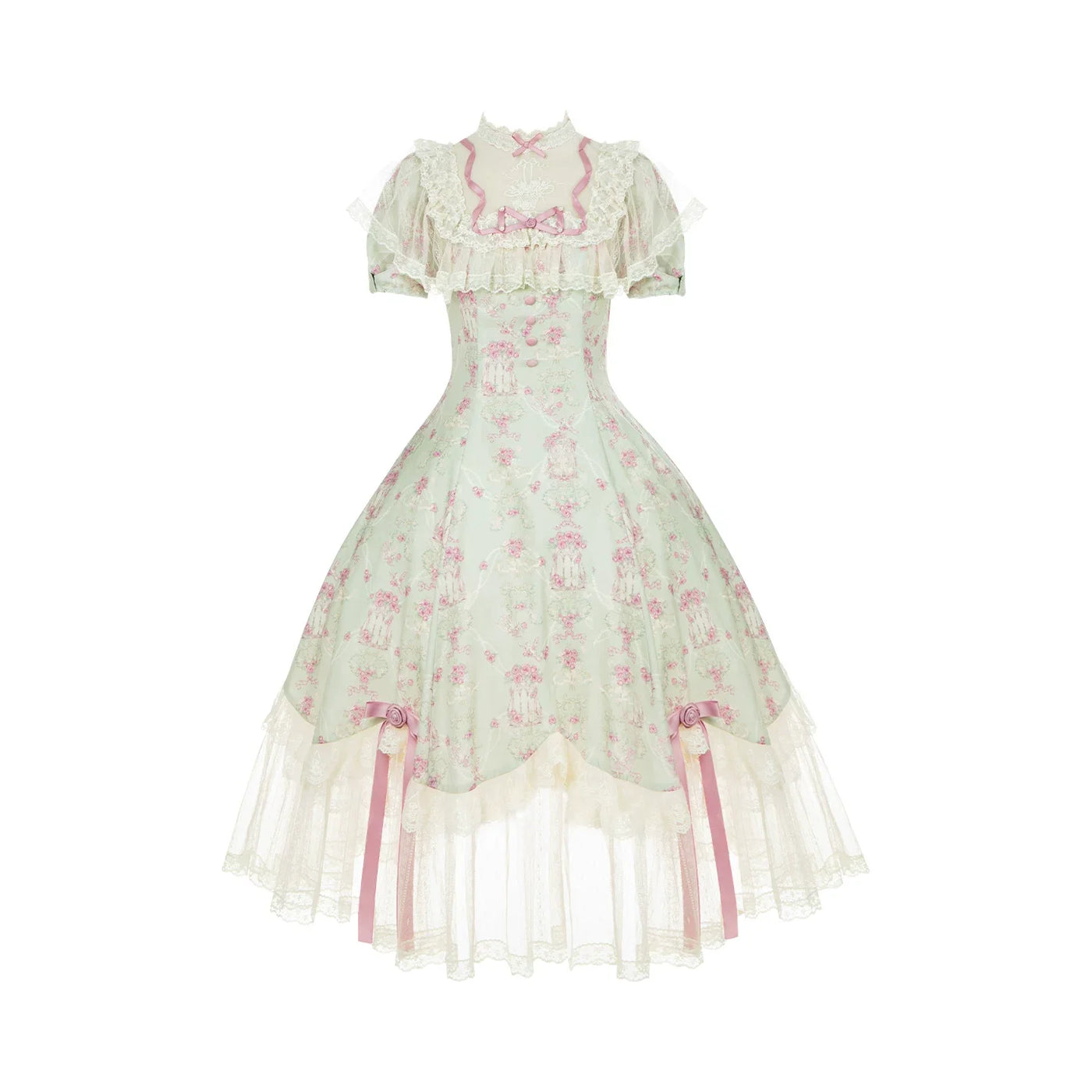 With PUJI - Wind Swept Roses - Classic Lolita Rose Printed Dress Set, Petal Hem