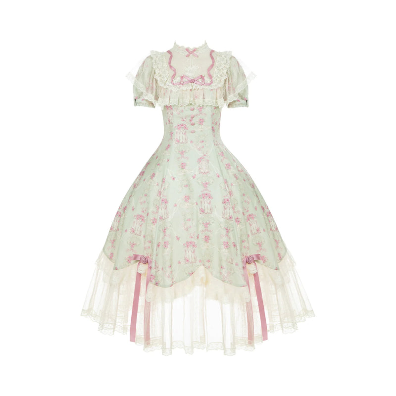 With PUJI - Wind Swept Roses - Classic Lolita Rose Printed Dress Set, Petal Hem detail view 10