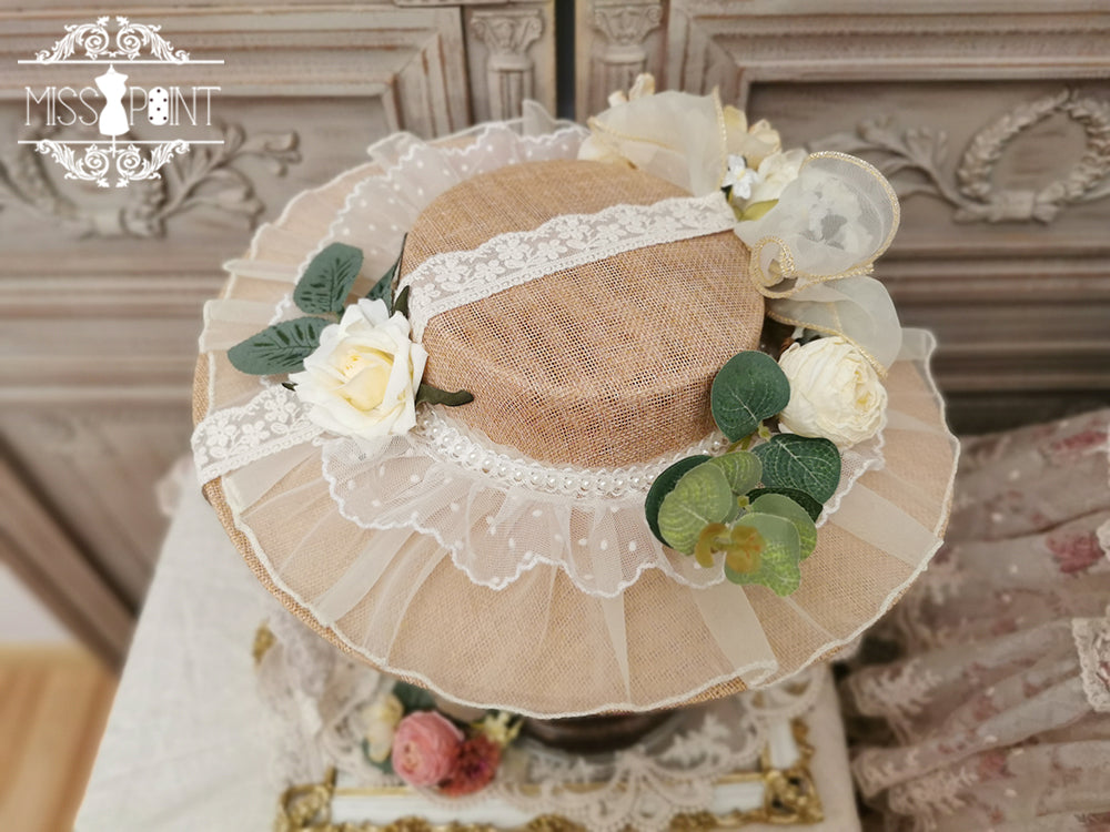 Woody Rose - Elegant Flower Lolita Hat Ivory Big Hat