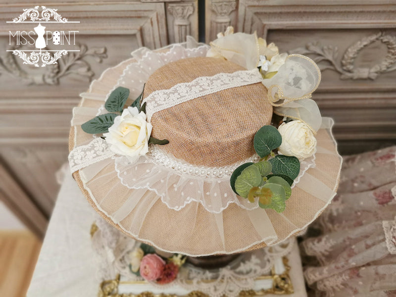 Woody Rose - Elegant Flower Lolita Hat Ivory Big Hat