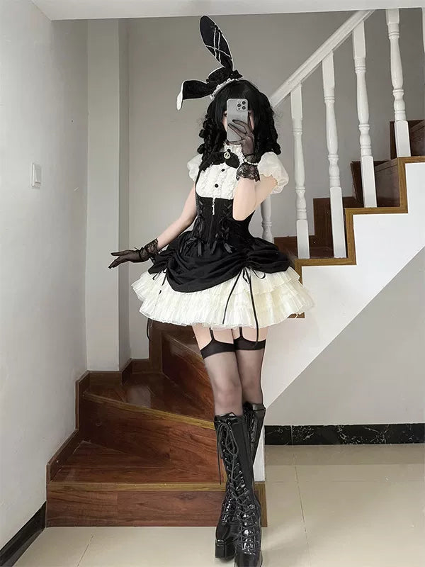 Creamy - Black Rabbit - Black Gothic Lolita JSK with Optional Rabbit-Ear Hat