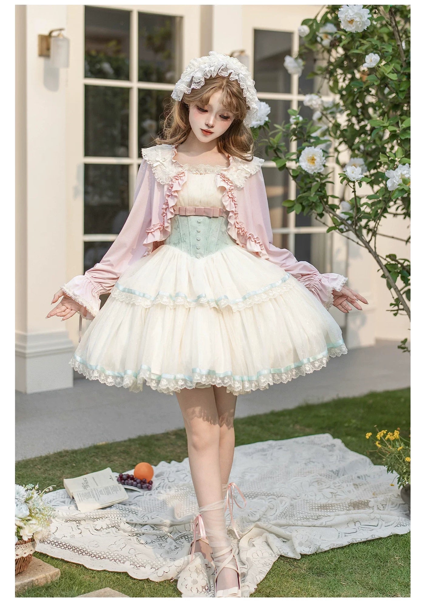With PUJI - Sea Salt Soda - Classic Lolita Adjustable Corset JSK Dress, Tiered Tulle Hem