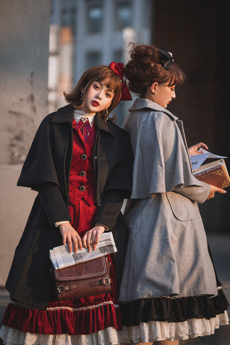 Miss Point - Rose Silhouette - Vintage Woolen Cape Hooded Long Coat