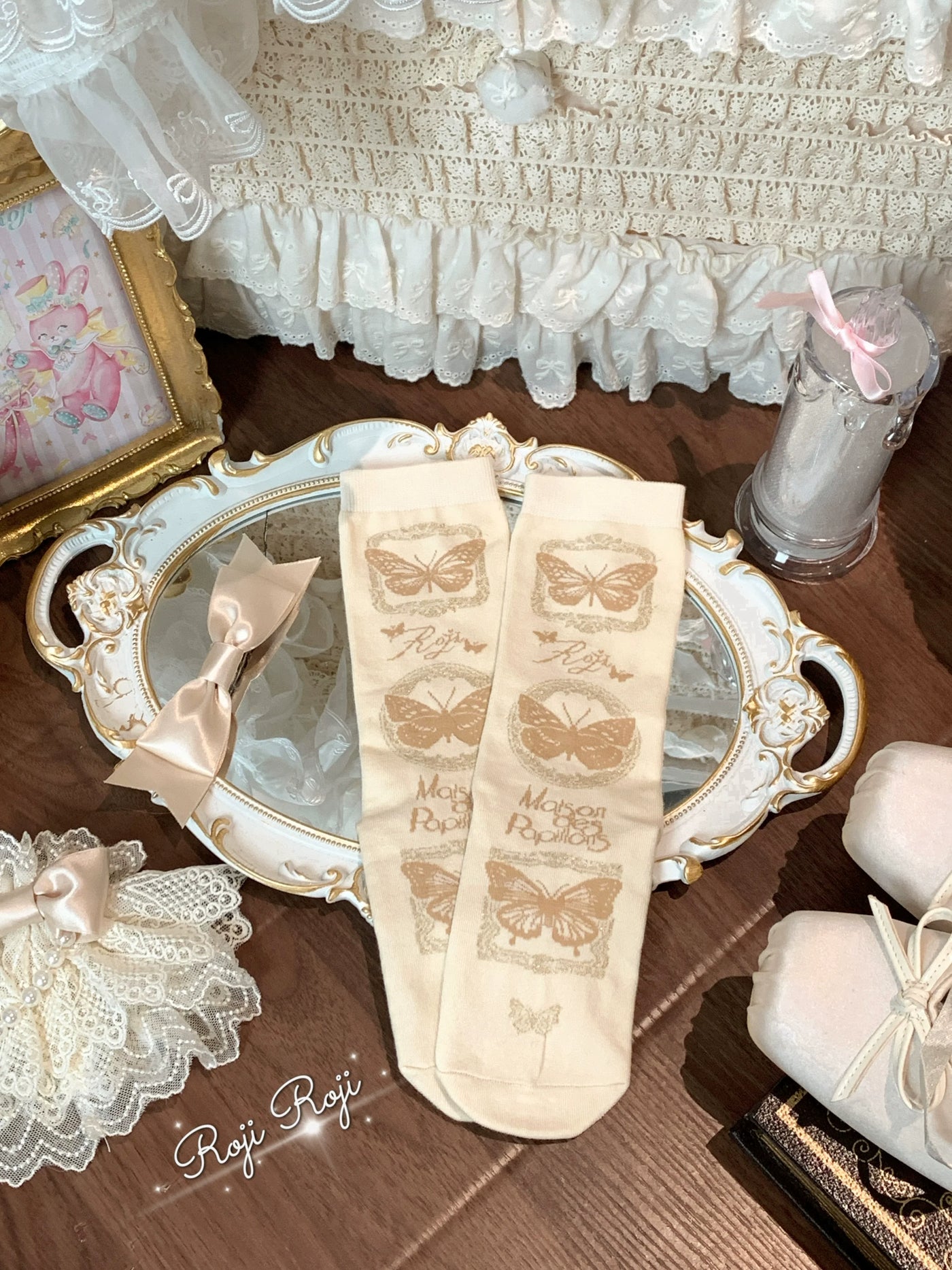 Roji Roji - Sweet Lolita Cotton Socks - Detachable Cuff Bow Trim Socks