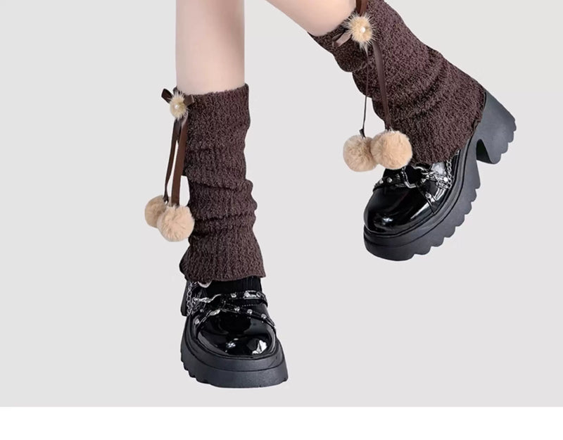 Floral Milk Cat - Pom-Pom Bow - Slouchy Mid-Calf Socks with Ruffle Trim
