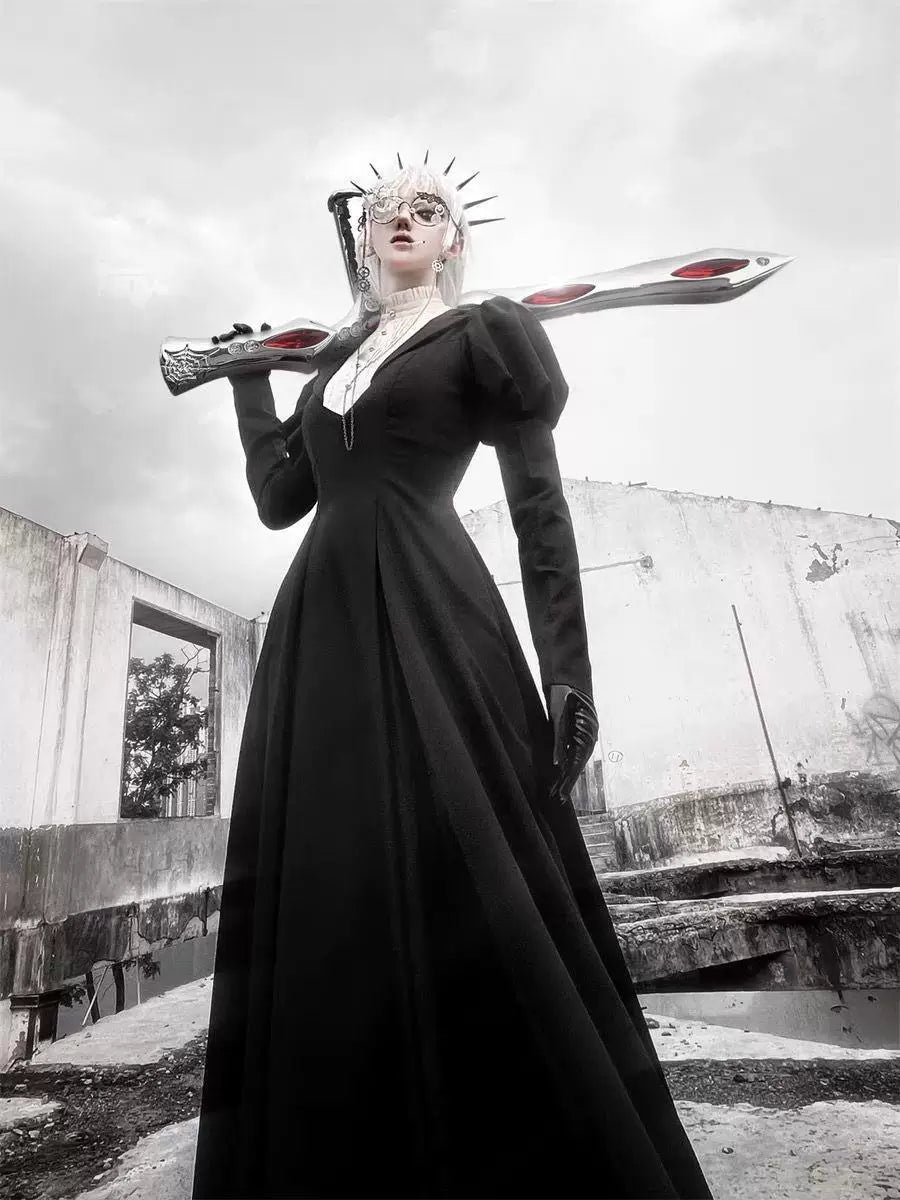 Pitch-black long Classic Lolita dress with puff sleeves and white high-neck inset worn by a model