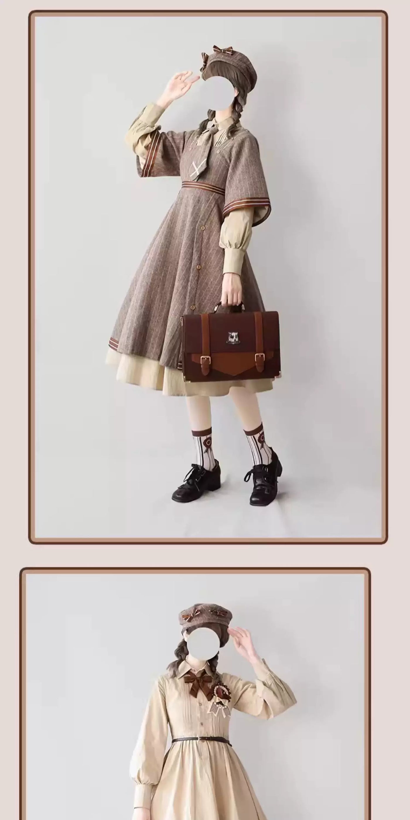 Baozi Pig - Detective Era - One-Piece Dress and Woolen Coat Set with Pinstripes