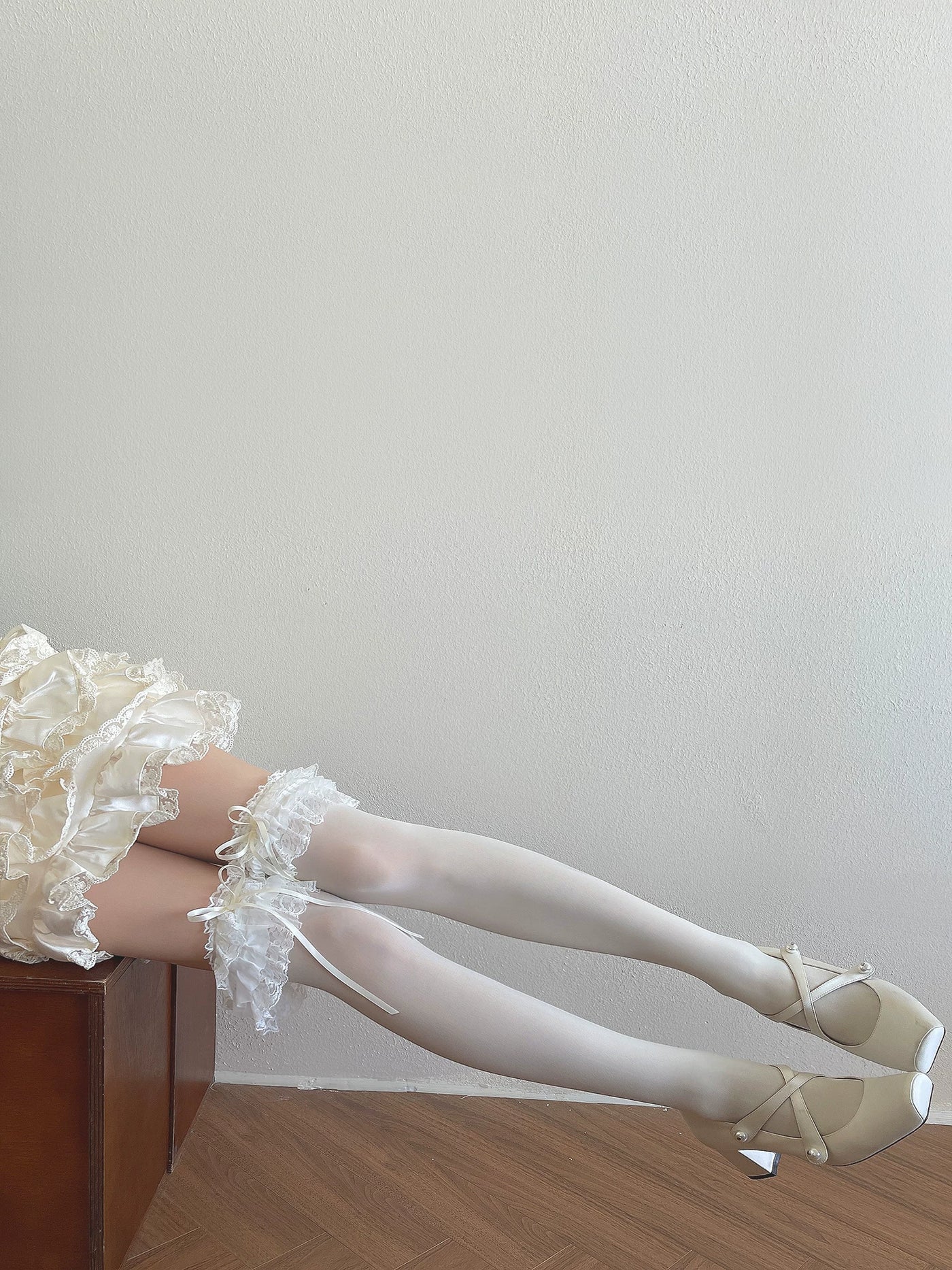 Sock Noble - Cream Ruffle - Velvet Lolita Socks with Layered Lace Ruffles
