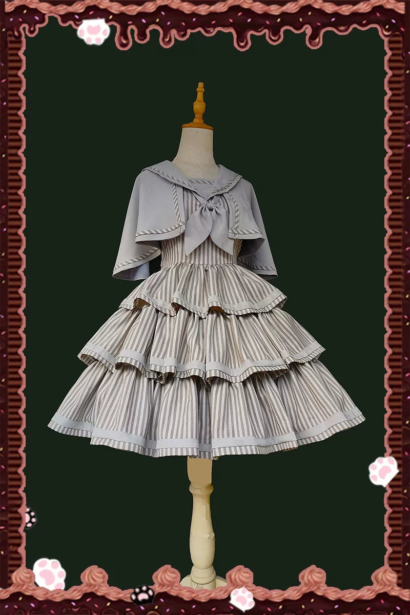 From Afar - Vintage Striped Peppy-Style Lolita JSK & Cape Gray Cape Only (one size/M) S