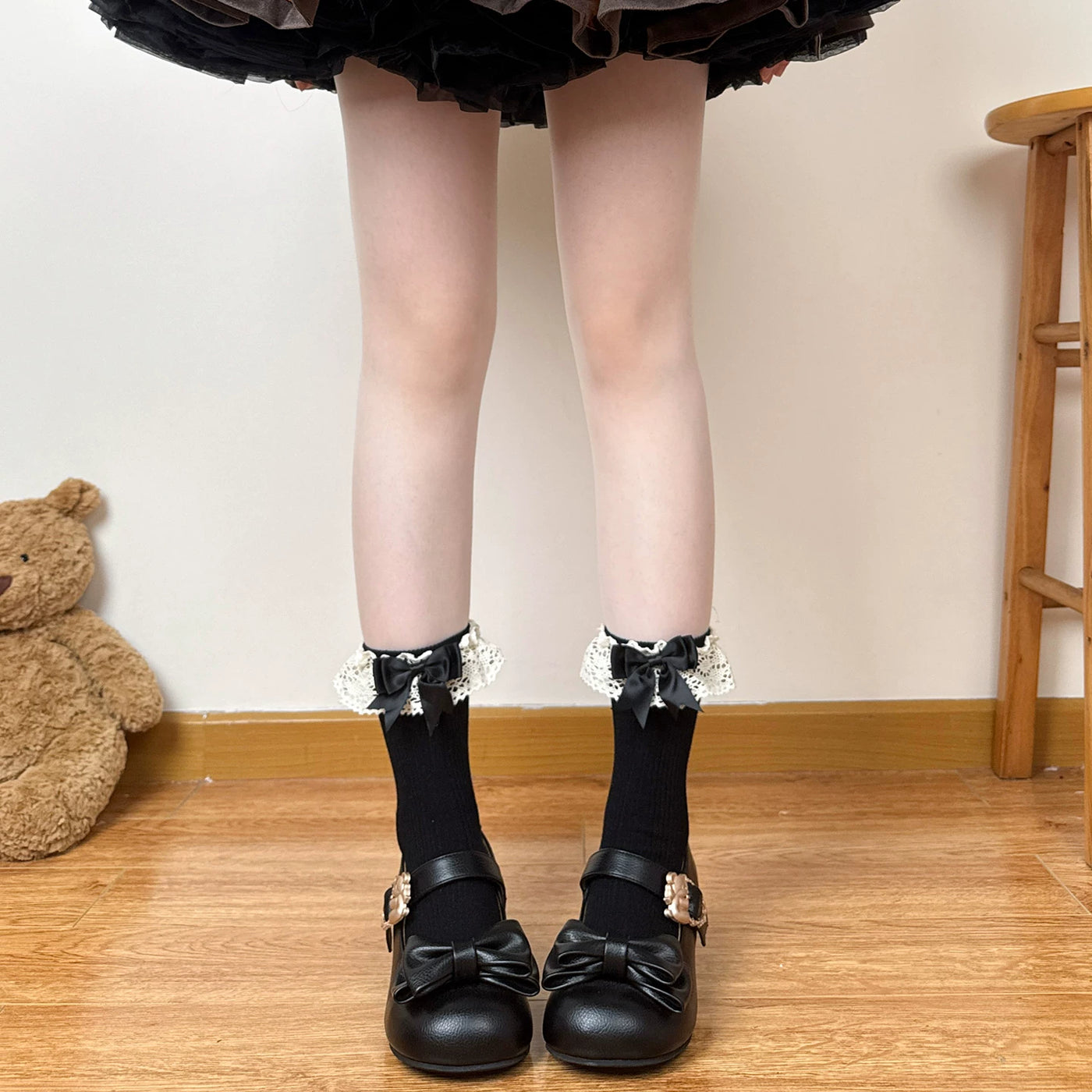 Chubby Bear Tales - Caramel Cocoa - Mid-Calf Socks with Lace Bows
