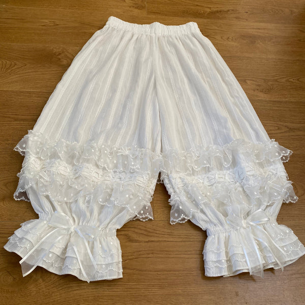 White Lolita bloomers with polka-dot tulle layers and ribbon bows